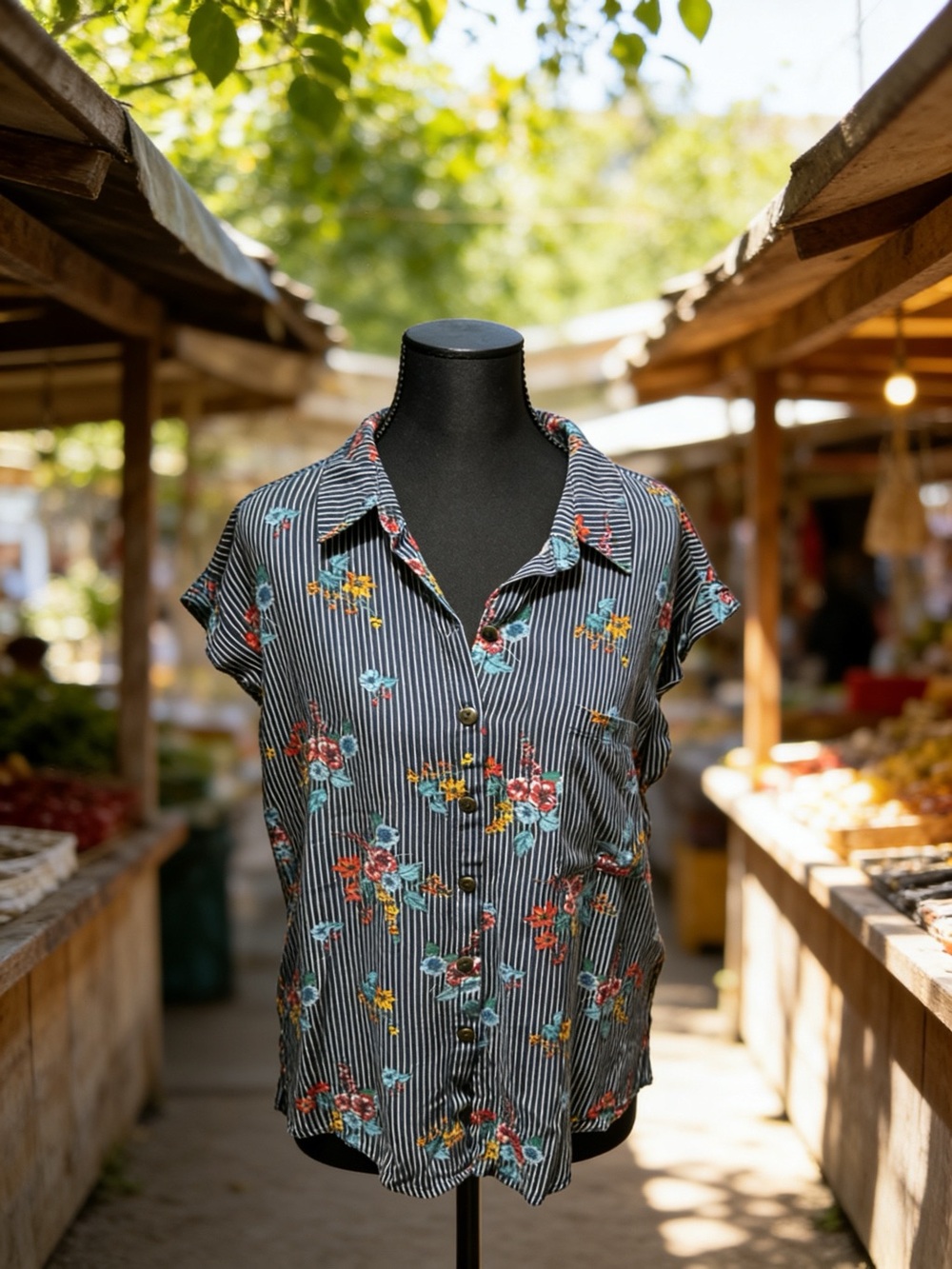 No Boundaries Black-and-White Striped Floral Button-Down Top